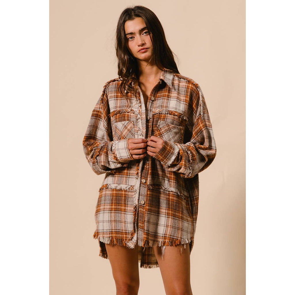 CHECKED WOVEN FRAYED DEGE DETAIL SHACKET