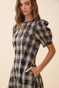 Sequin Embellishments Detail Plaid Mini Dress Black