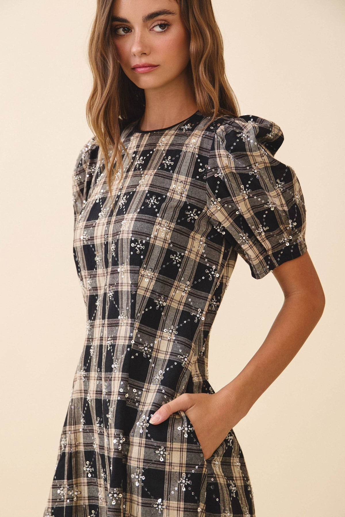 Sequin Embellishments Detail Plaid Mini Dress Black