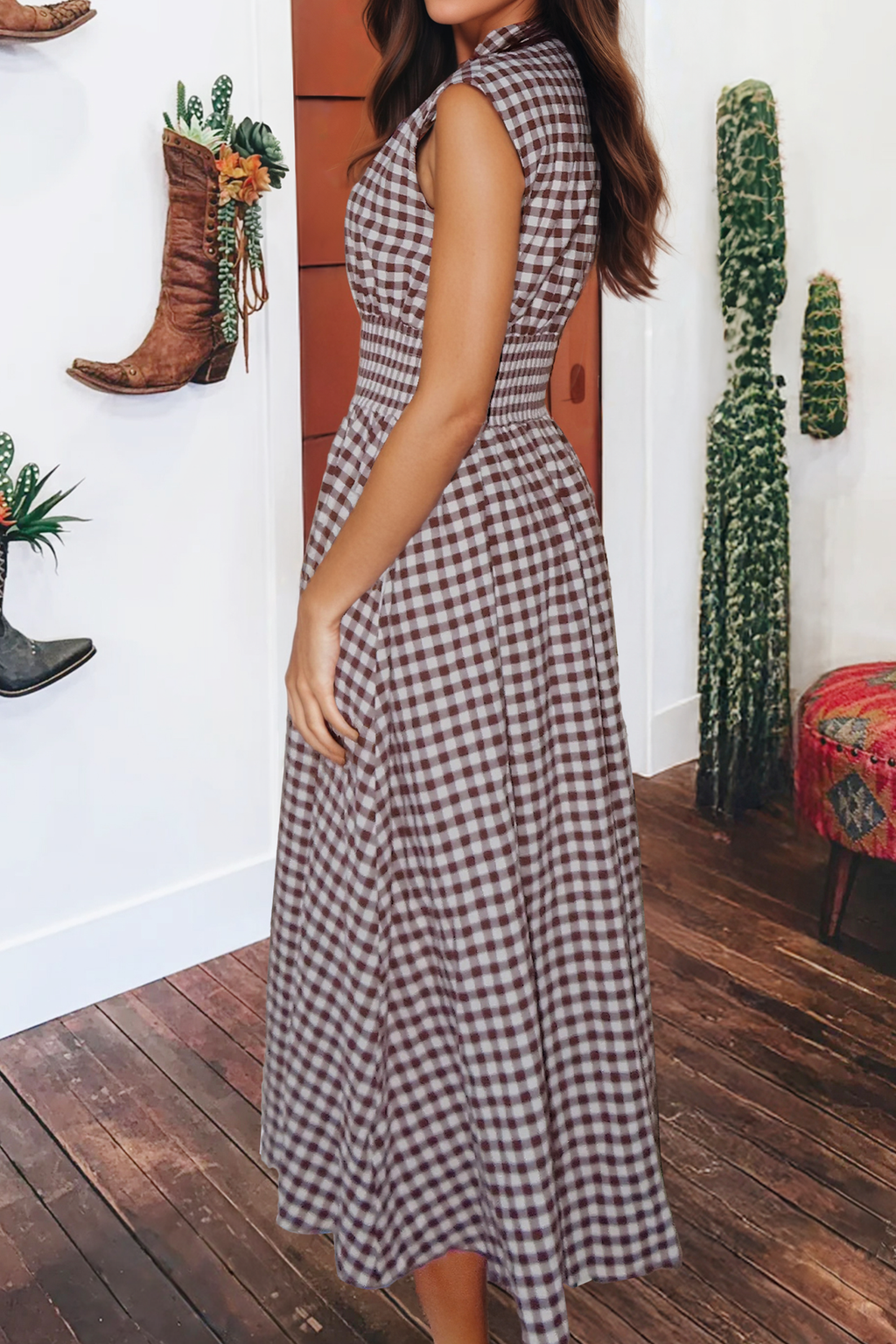 Gingham Plaid Zipper Cinched Waist Sleeveless Maxi Dress Brown