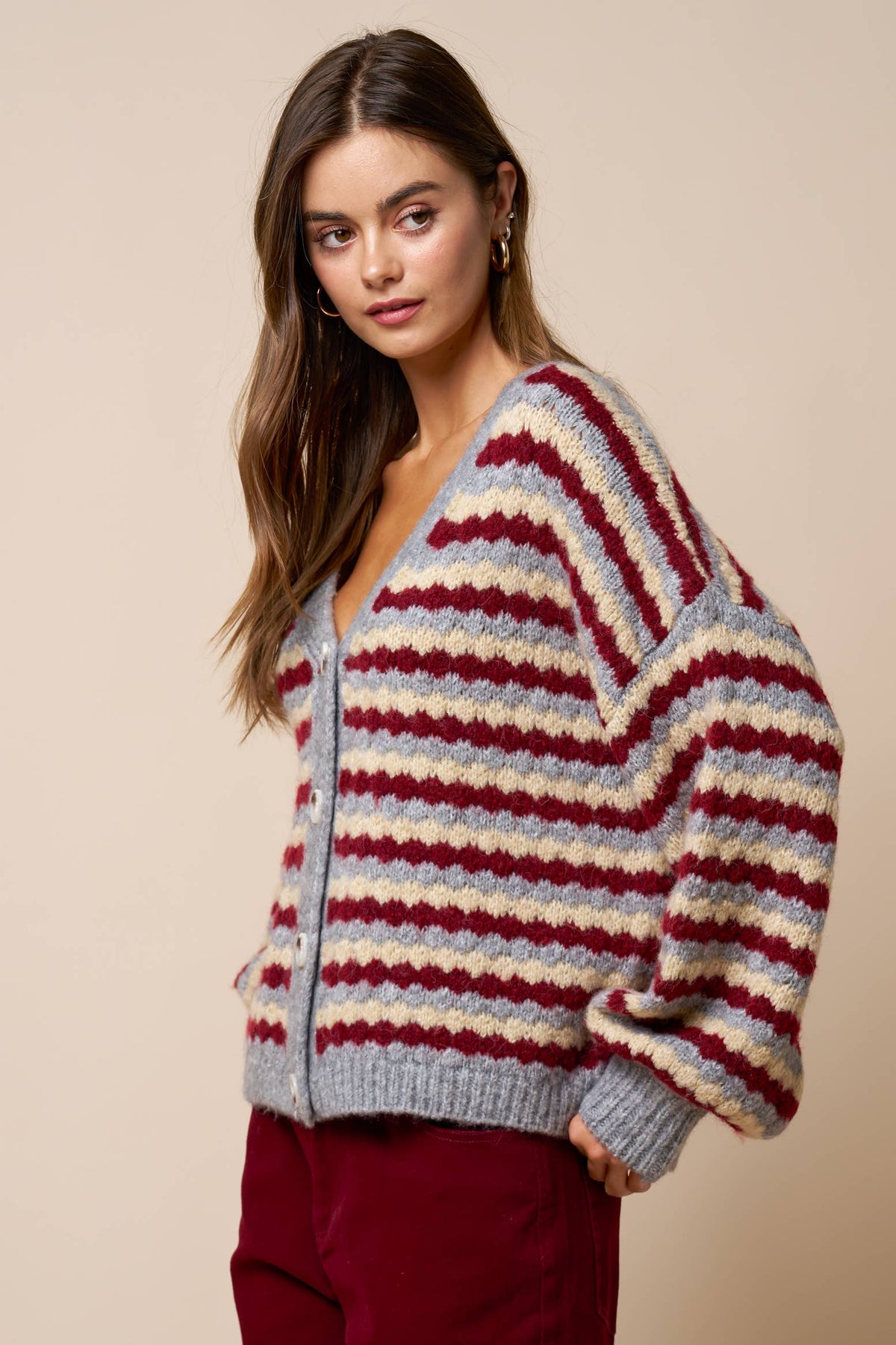 Relaxed Stripe V-Neck Button Cardigan