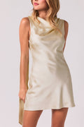 COWL NECK BACK OPEN ATTACHED SCARF FITTED SATIN MINI DRESS
