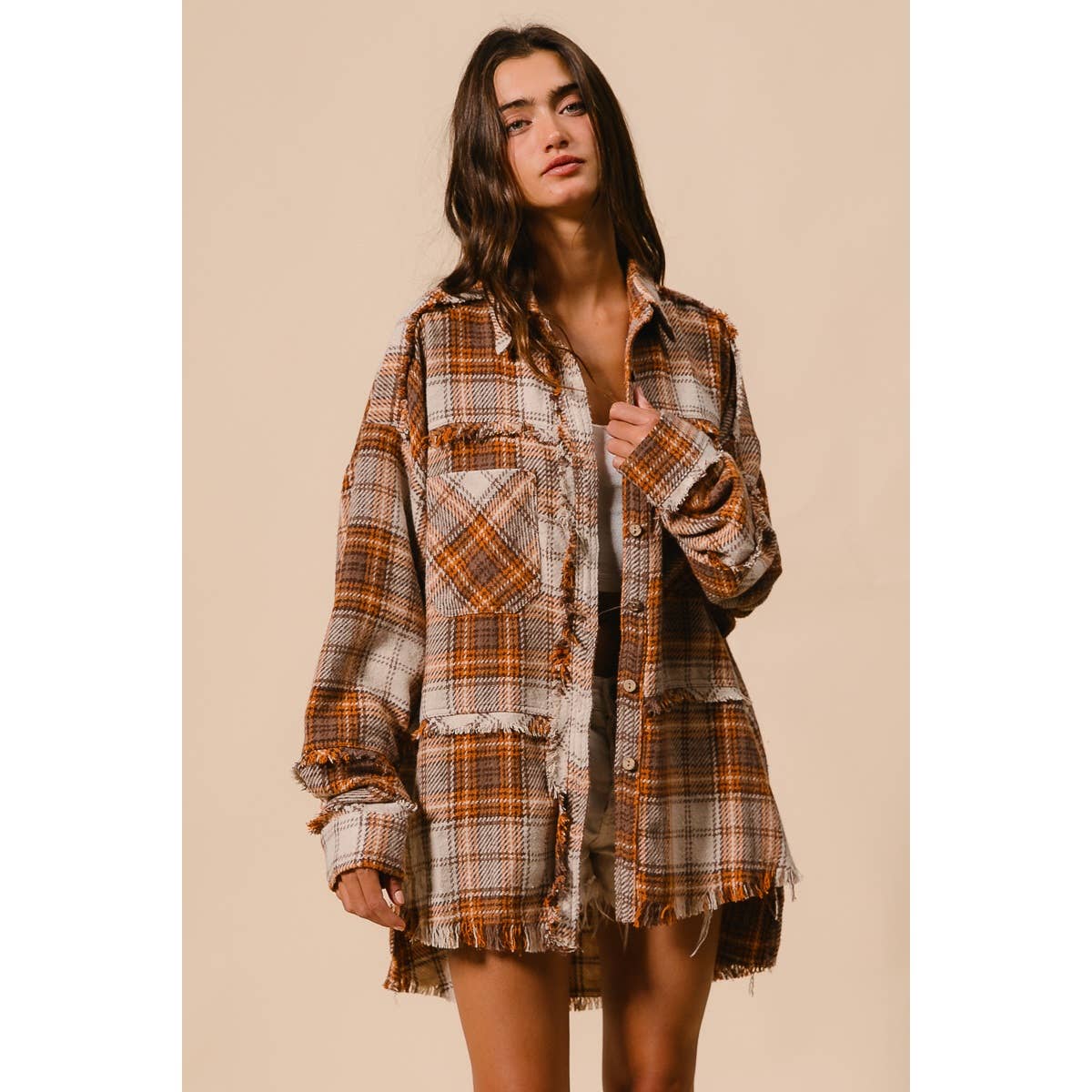 CHECKED WOVEN FRAYED DEGE DETAIL SHACKET