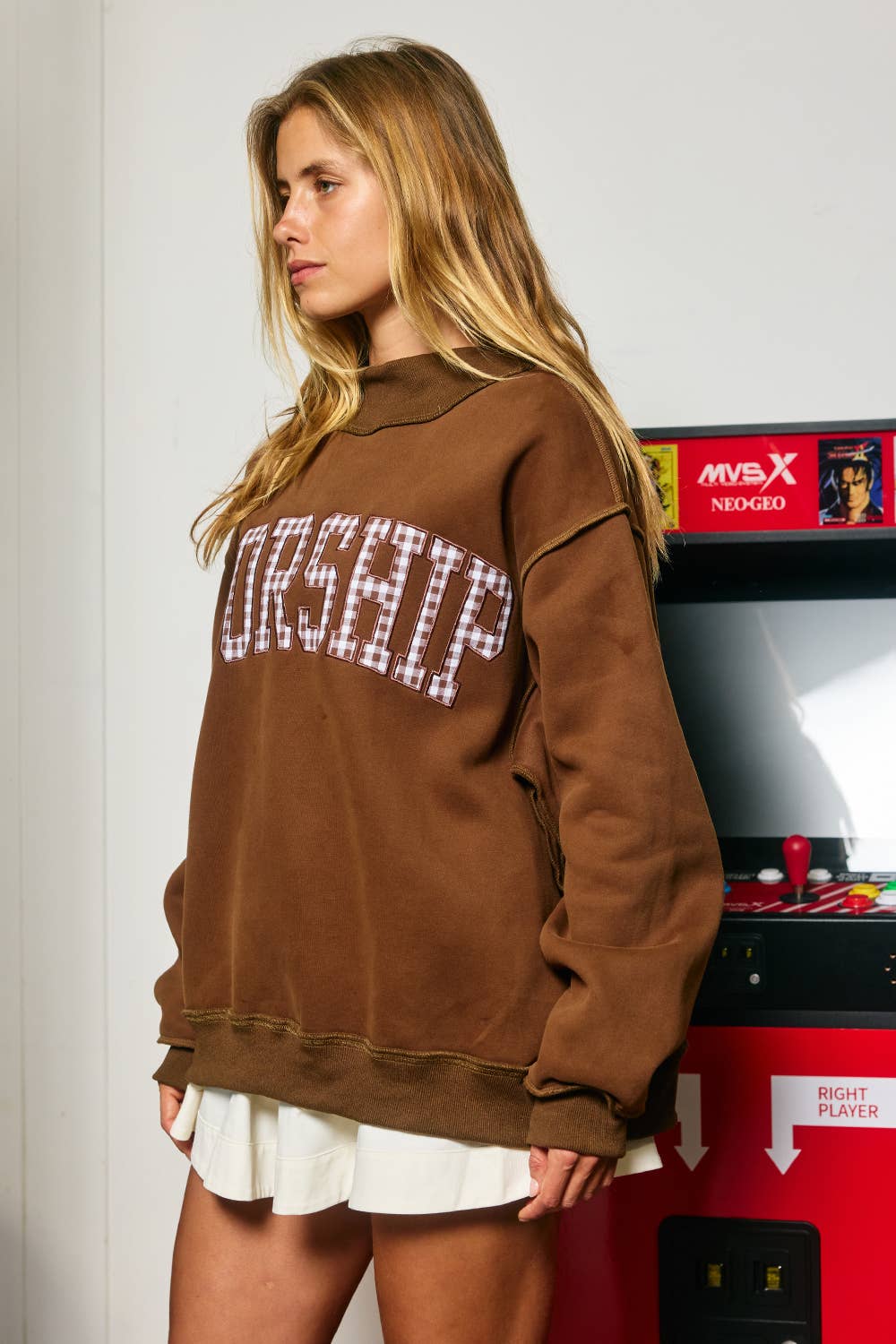 WORSHIP | Gingham "WORSHIP" Mock Neck Sweatshirt Brown