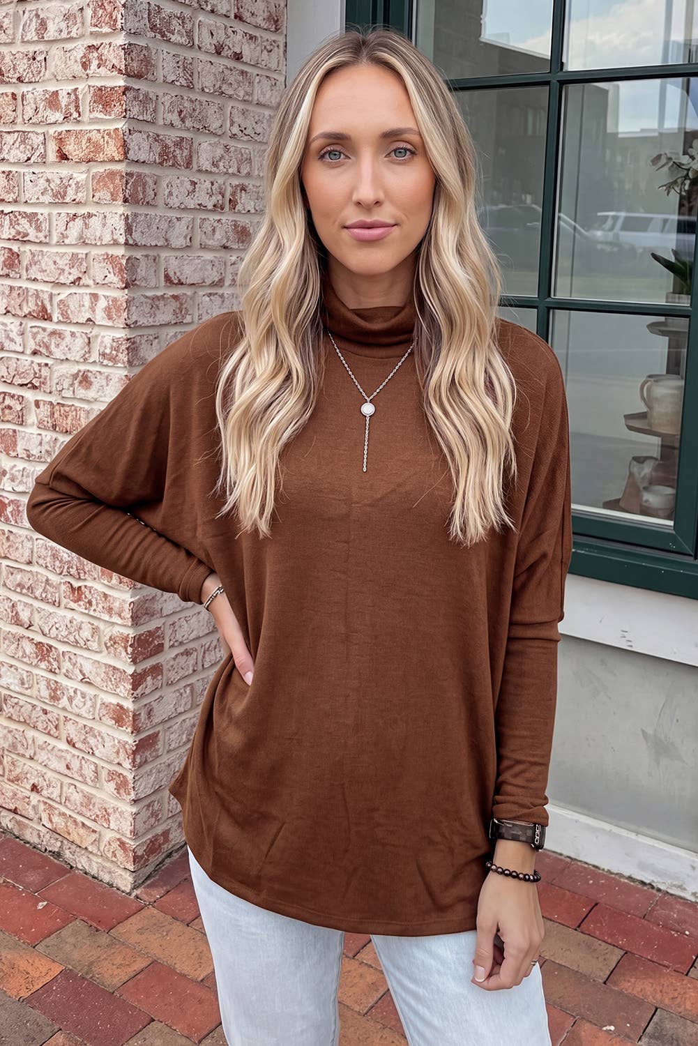 Casual Mock Neck Long Sleeve Shift Blouse brown