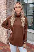 Casual Mock Neck Long Sleeve Shift Blouse brown