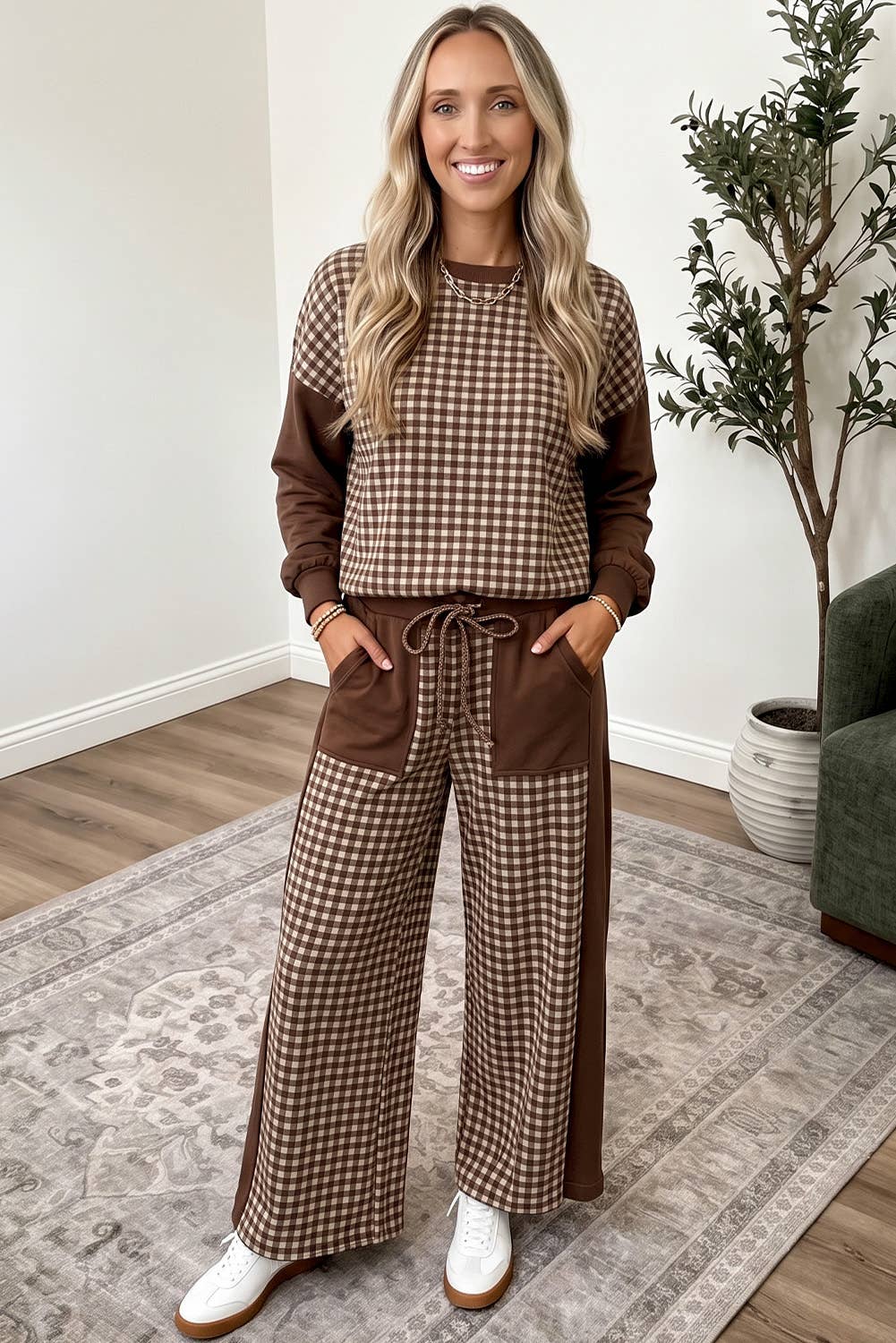 Plaid Patchwork Long Sleeve Pullover Wide Leg Pant Set brown