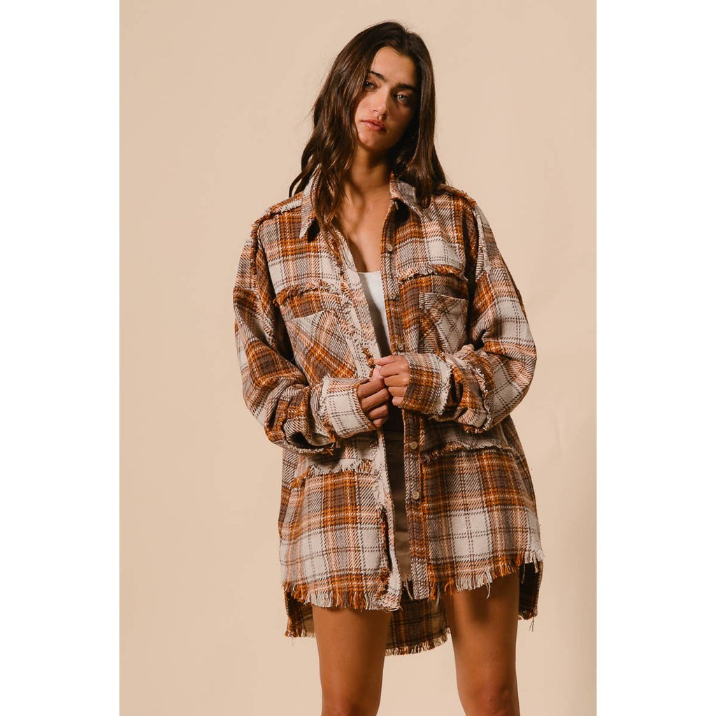 CHECKED WOVEN FRAYED DEGE DETAIL SHACKET