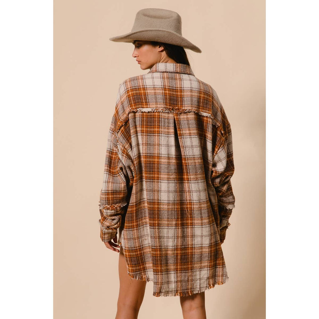 CHECKED WOVEN FRAYED DEGE DETAIL SHACKET