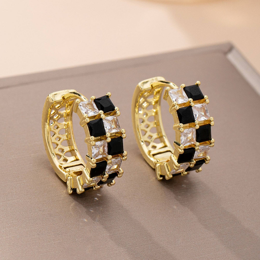 Checker Black & Crystal Baguette Hoop Earrings | 80E61892