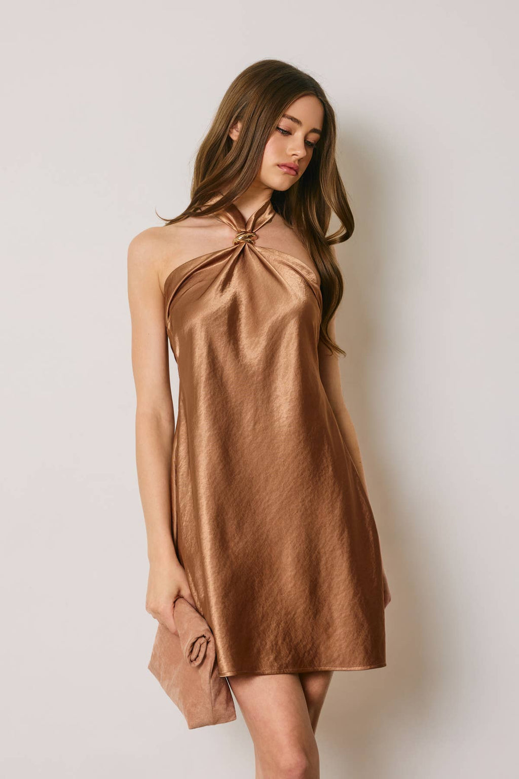 Satin Gold Trim Halter Mini Dress