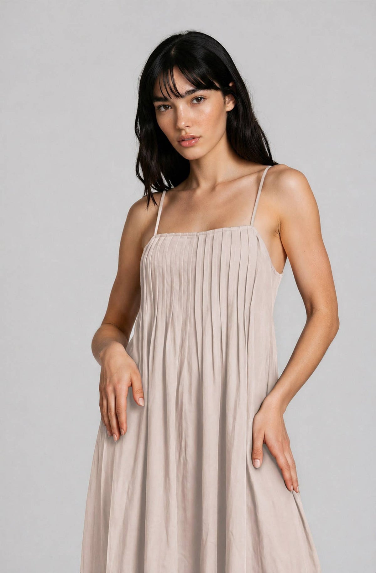 PINTUCK DETAIL SPAGHETTI STRAP MIDI SUNDRESS