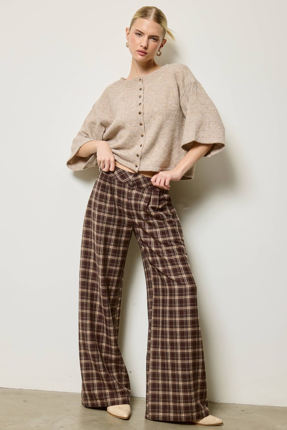 Plaid Pleated Wide Leg Trousers