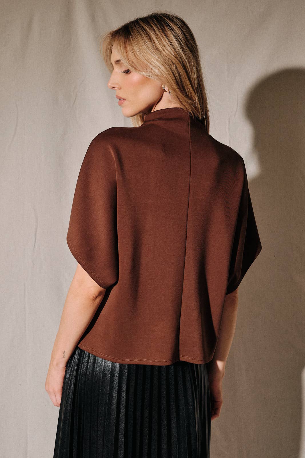 Mock Neck Dolman Short Sleeve Soft Knit Pullover Top