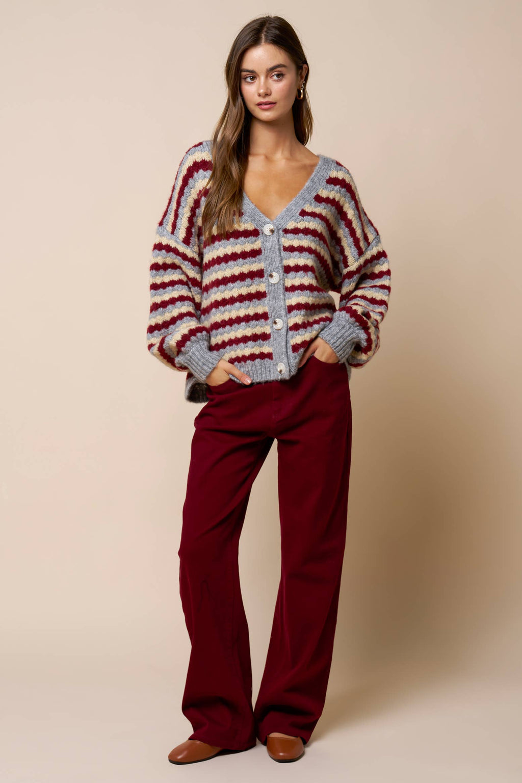 Relaxed Stripe V-Neck Button Cardigan