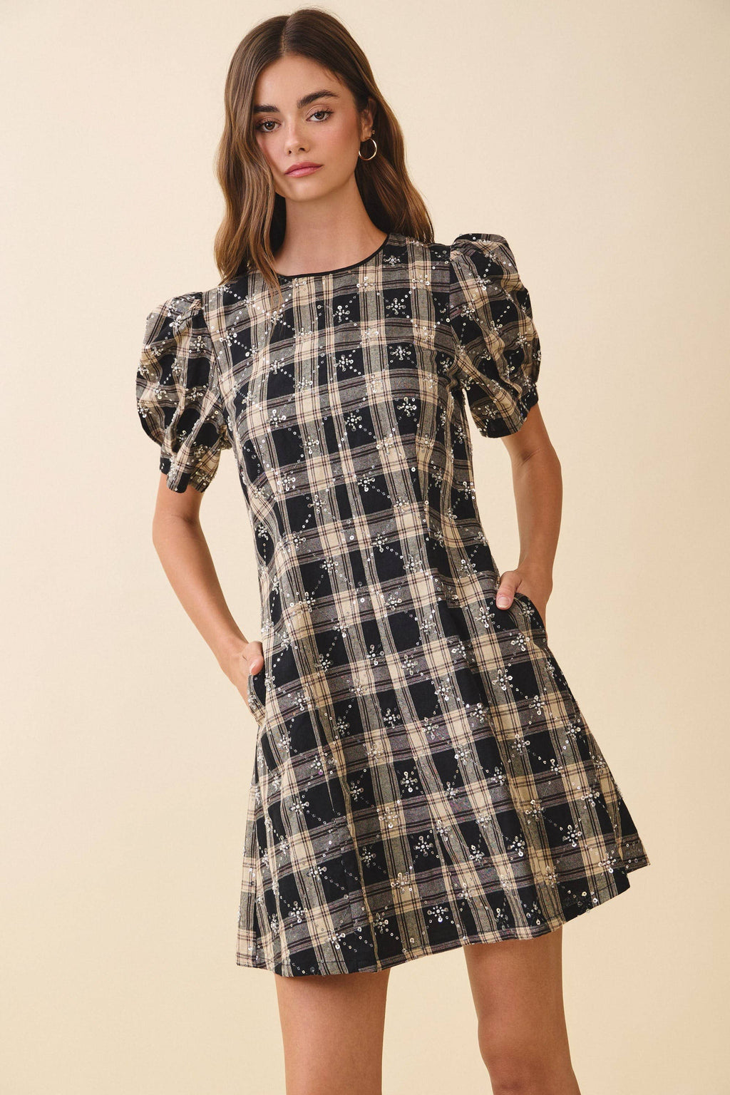 Sequin Embellishments Detail Plaid Mini Dress Black