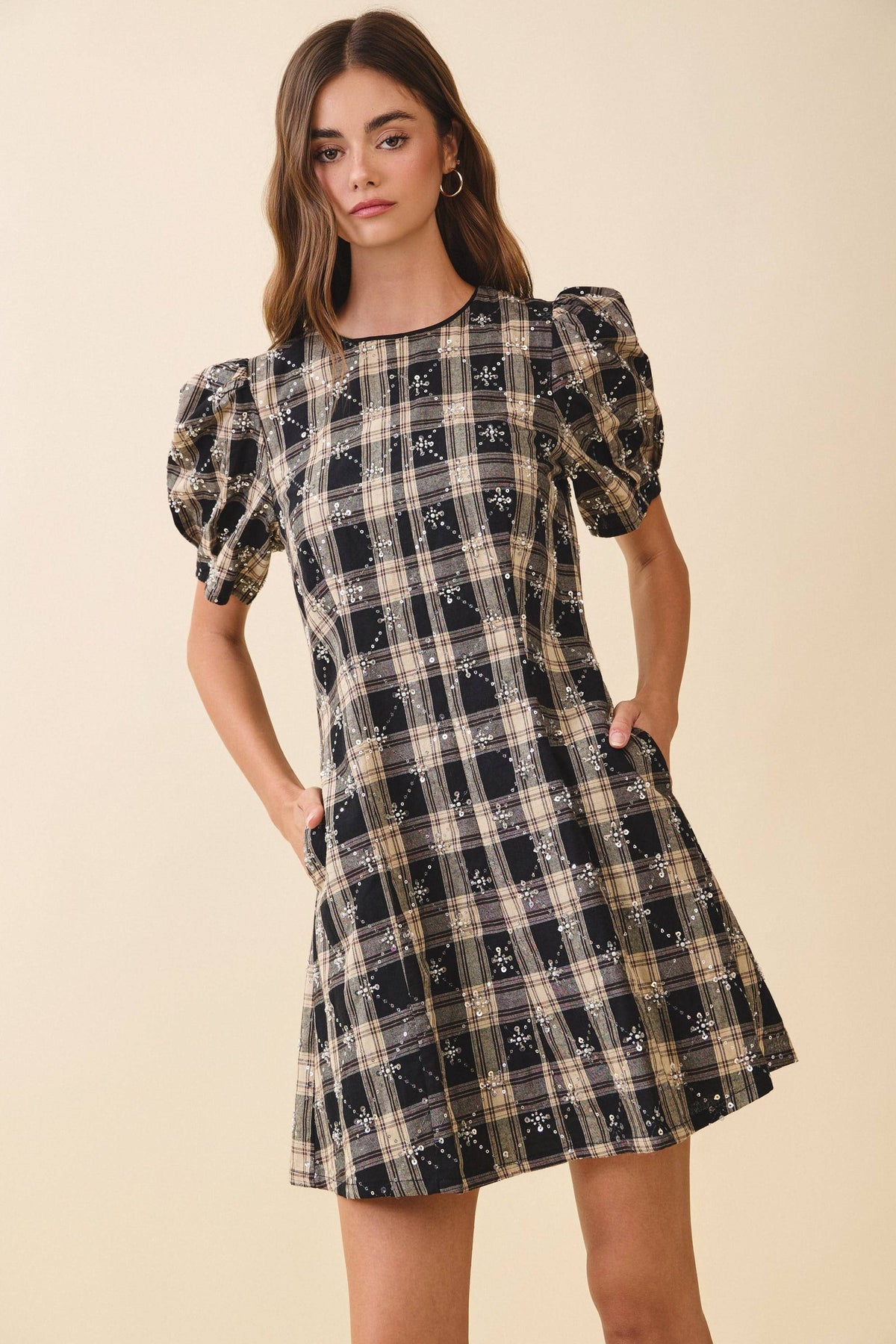 Sequin Embellishments Detail Plaid Mini Dress Black
