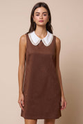 Rhinestone Contrast Collar Suede Mini Shift Dress
