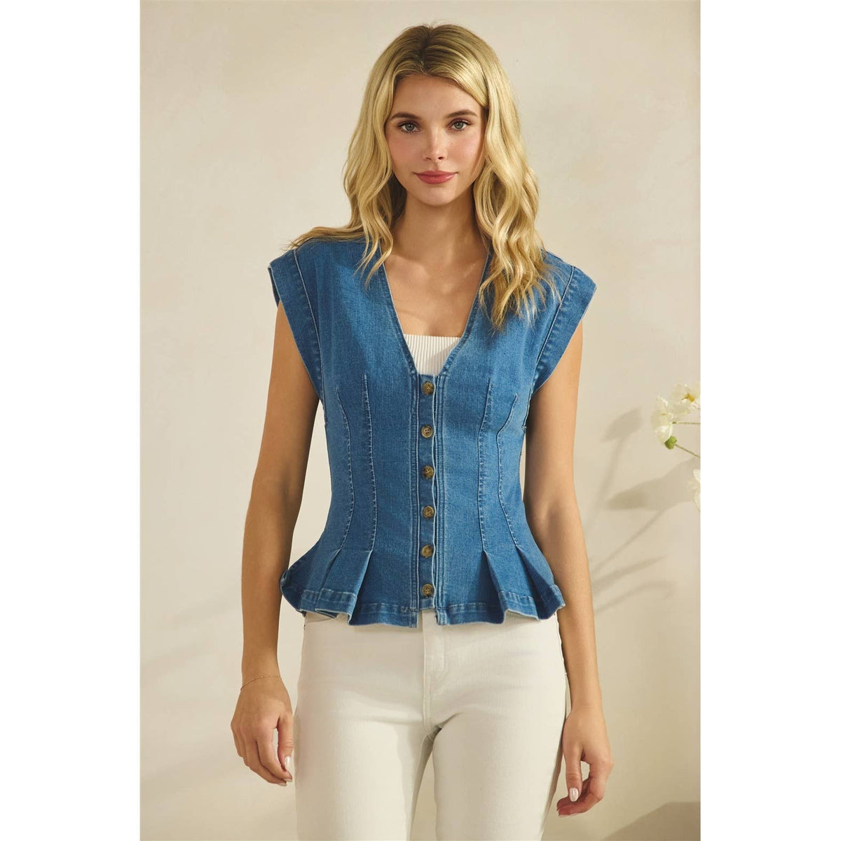 Button Down Peplum Denim Vest Top