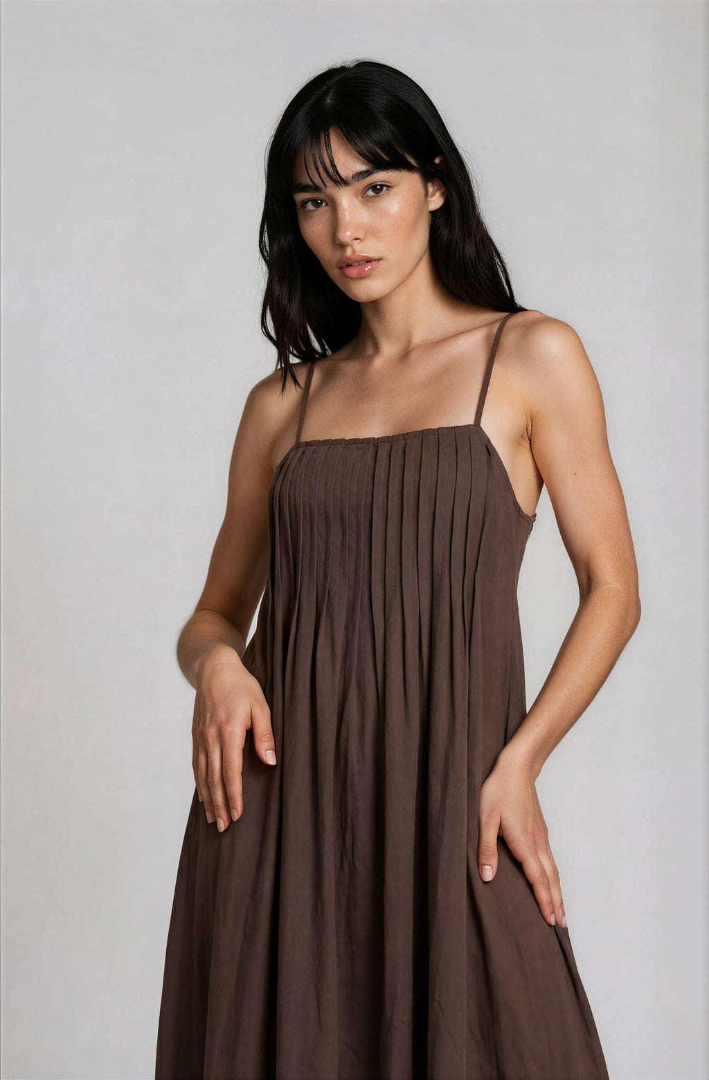 PINTUCK DETAIL SPAGHETTI STRAP MIDI SUNDRESS