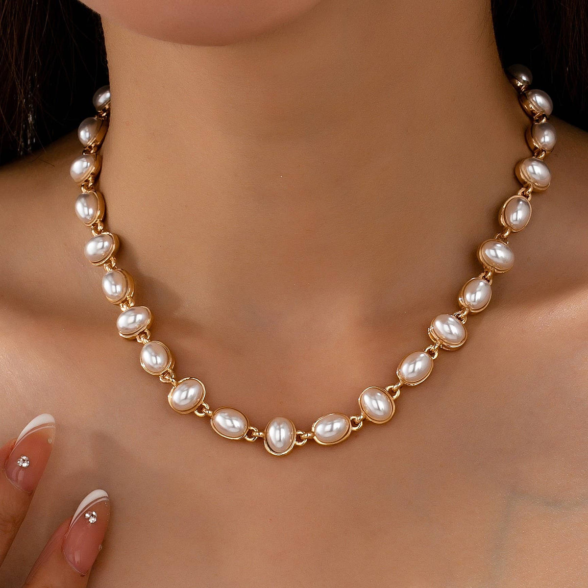 Bezel-Set Oval Faux Pearl Link Station Necklace | 80N93655