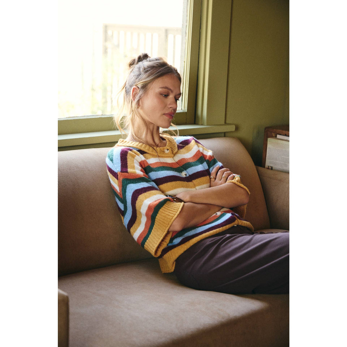 QUIET WEEKEND MULTI STRIPE WOOL BLEND SWEATER CARDIGAN