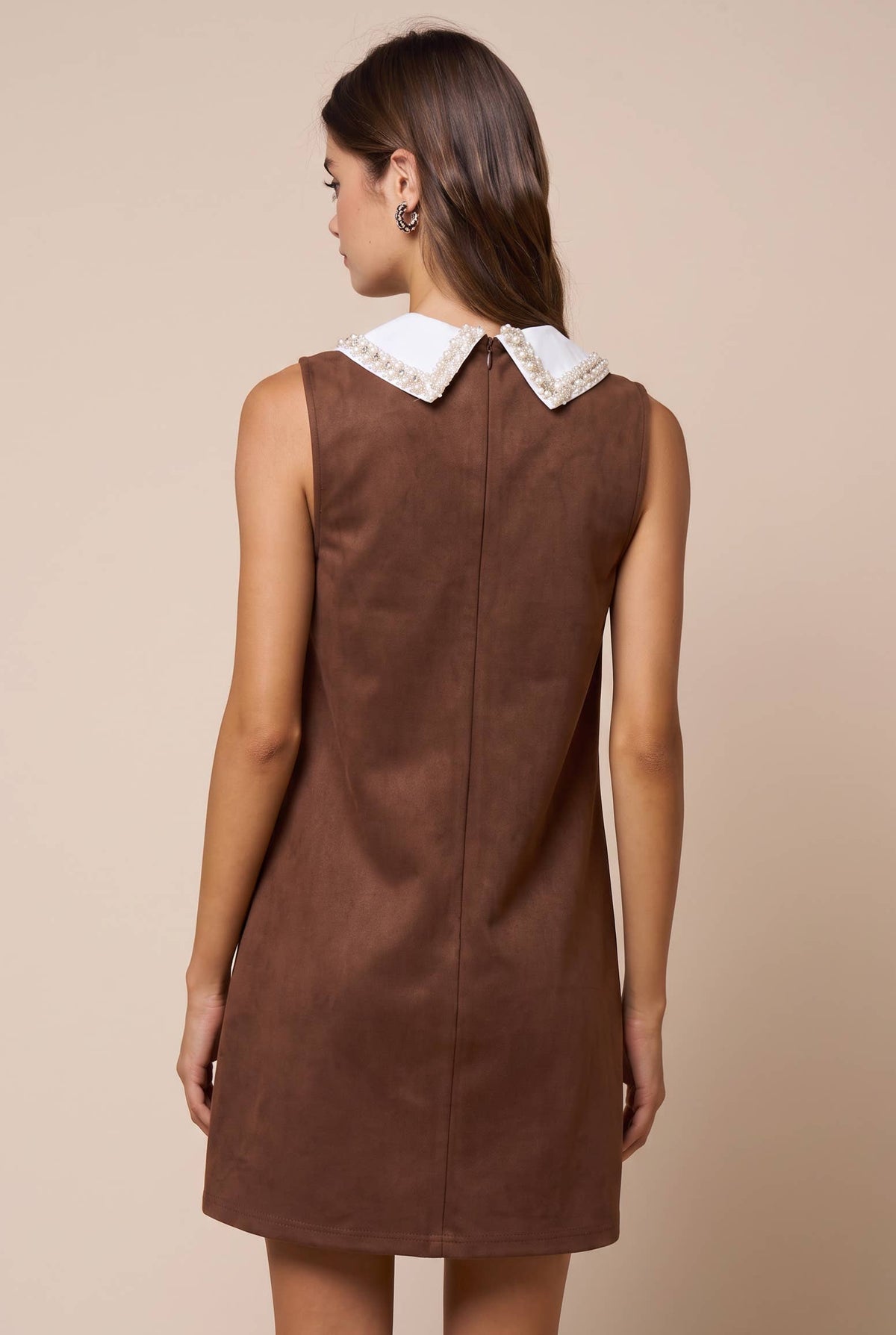 Rhinestone Contrast Collar Suede Mini Shift Dress