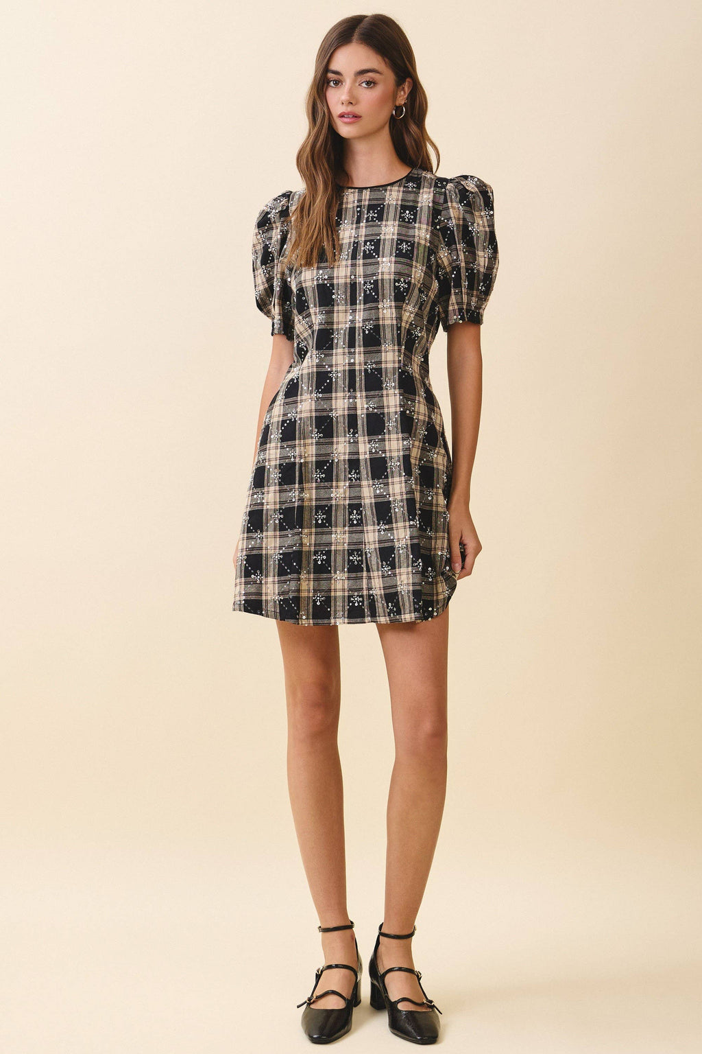 Sequin Embellishments Detail Plaid Mini Dress Black