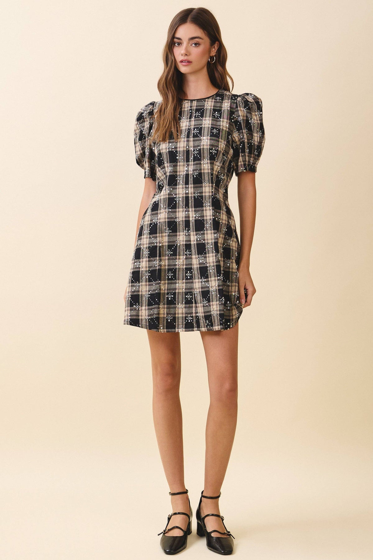 Sequin Embellishments Detail Plaid Mini Dress Black
