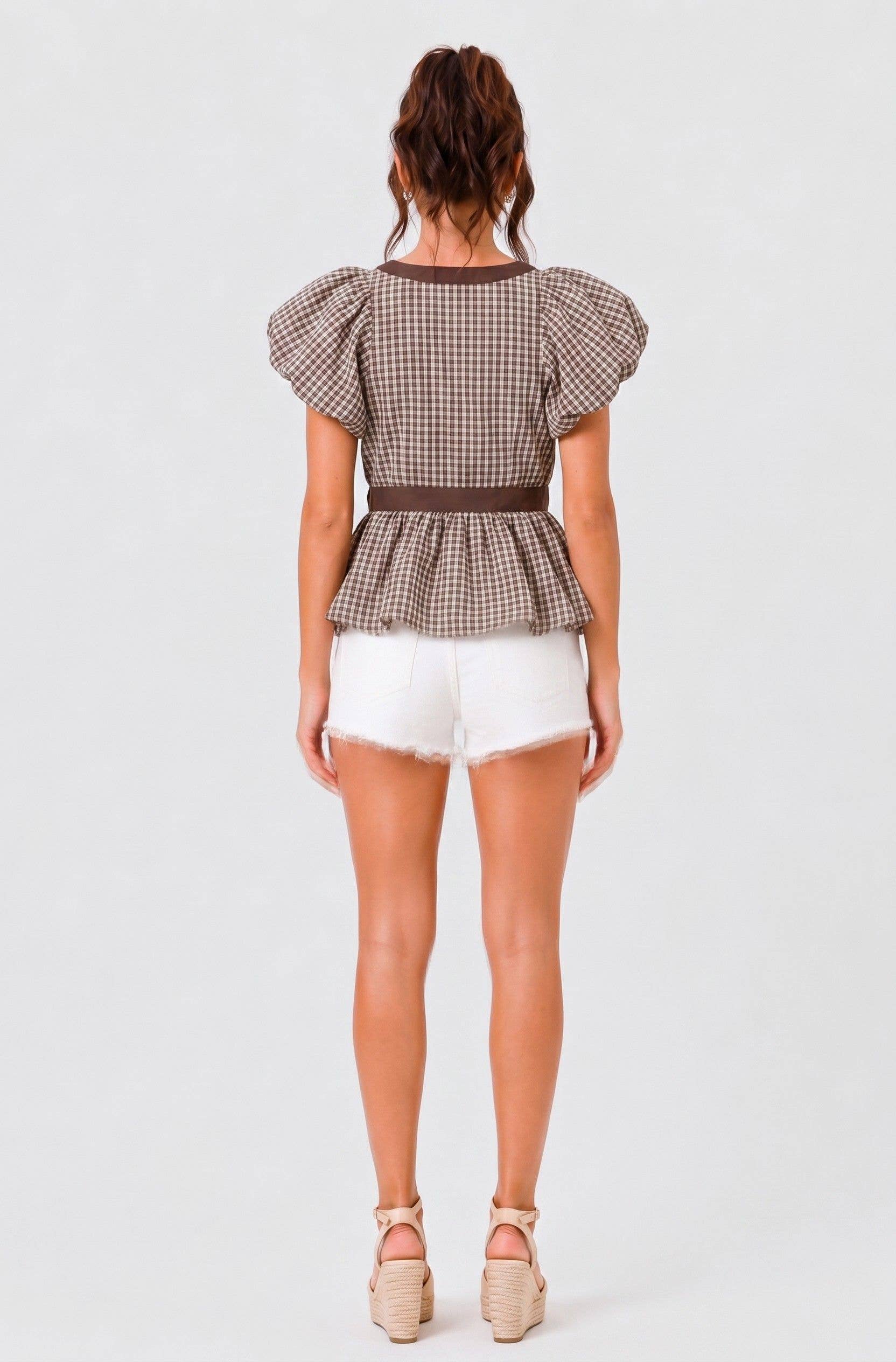 Sweet Tea Gingham Bubble-Hem Top 🤎
