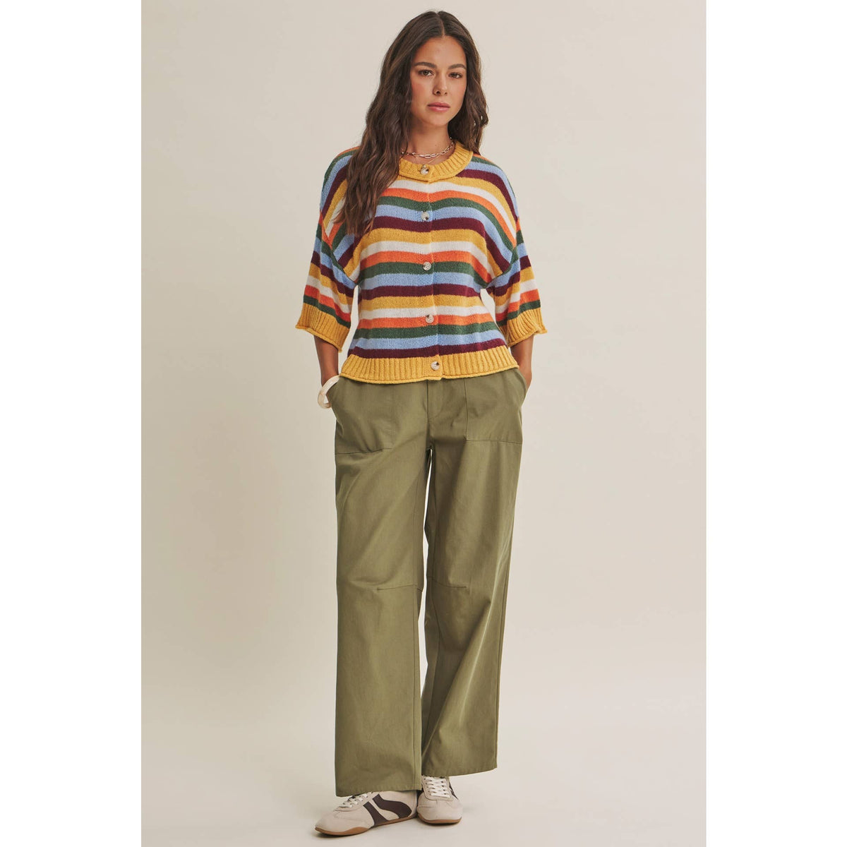 QUIET WEEKEND MULTI STRIPE WOOL BLEND SWEATER CARDIGAN