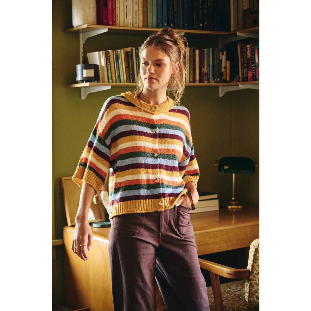 QUIET WEEKEND MULTI STRIPE WOOL BLEND SWEATER CARDIGAN