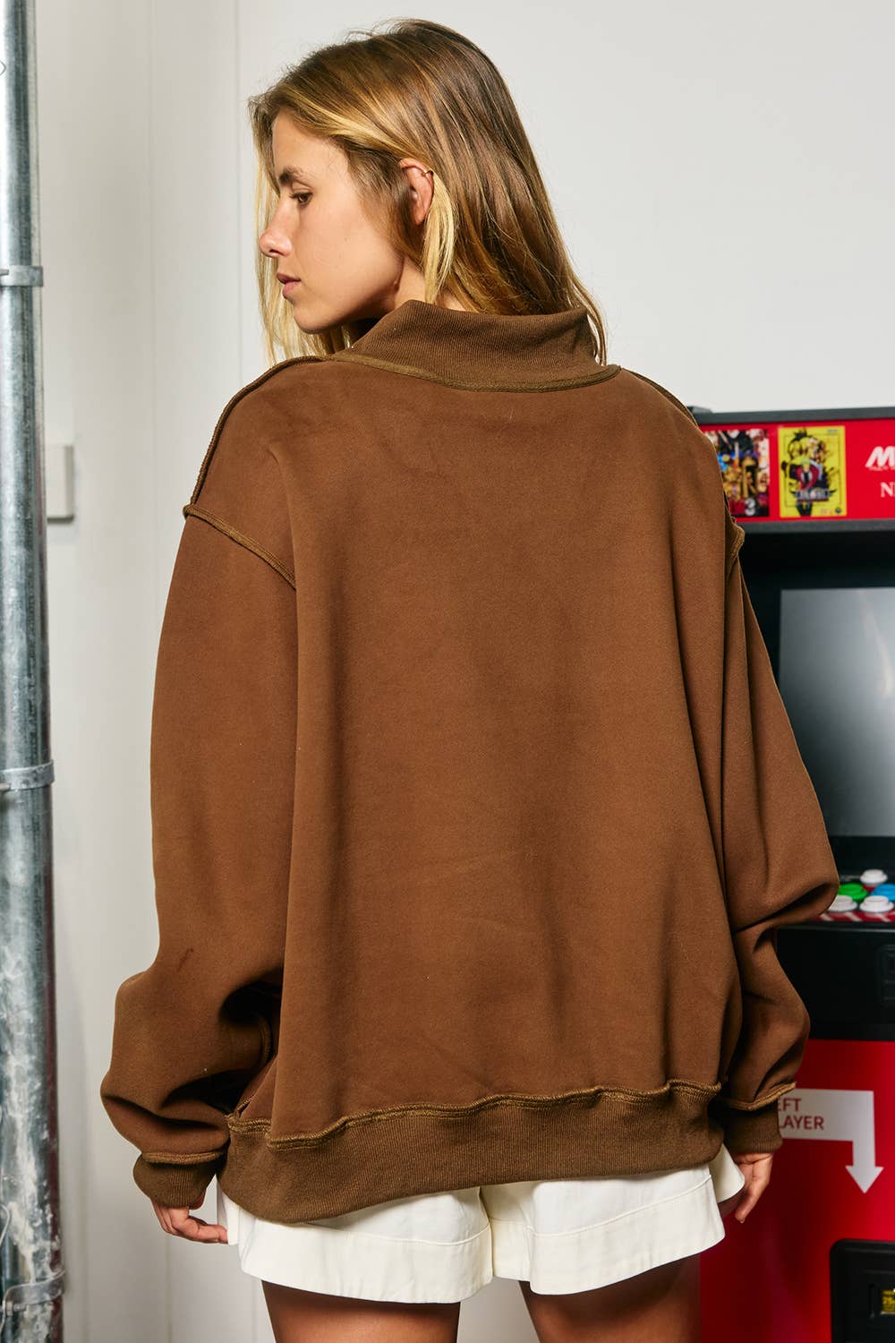 WORSHIP | Gingham "WORSHIP" Mock Neck Sweatshirt Brown