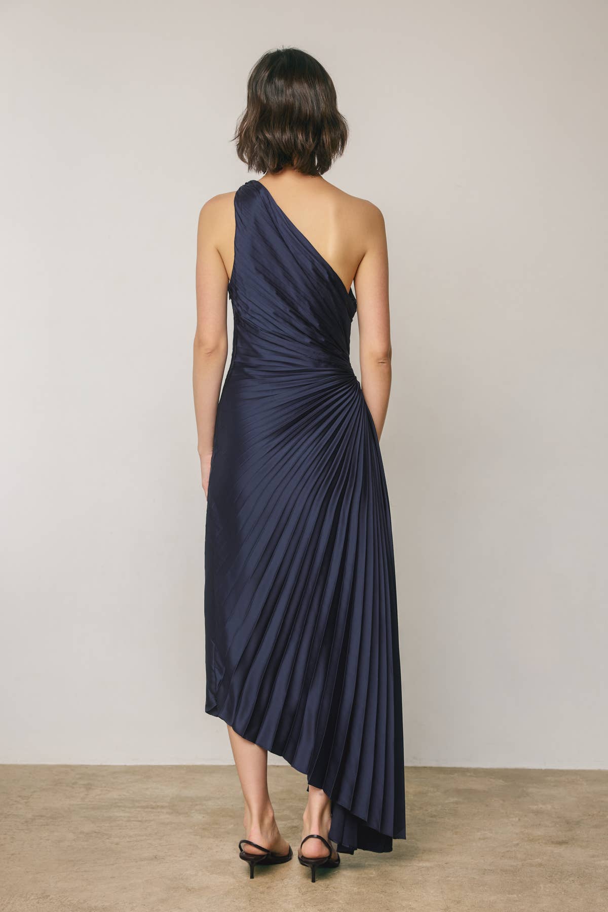 Satin One Shoulder Asymmetrical Pleated Dress Black