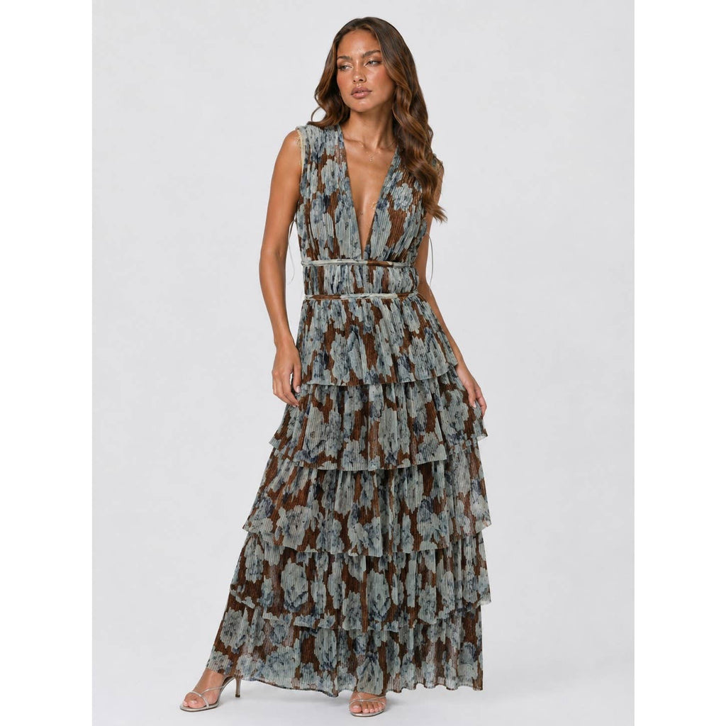 PLUNGING NECKLINE RUFFLED MAXI DRESS