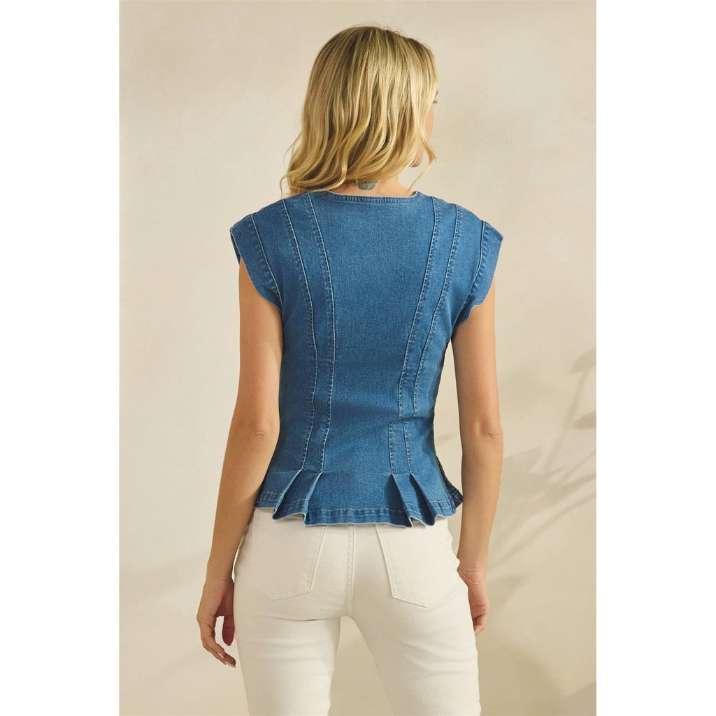 Button Down Peplum Denim Vest Top