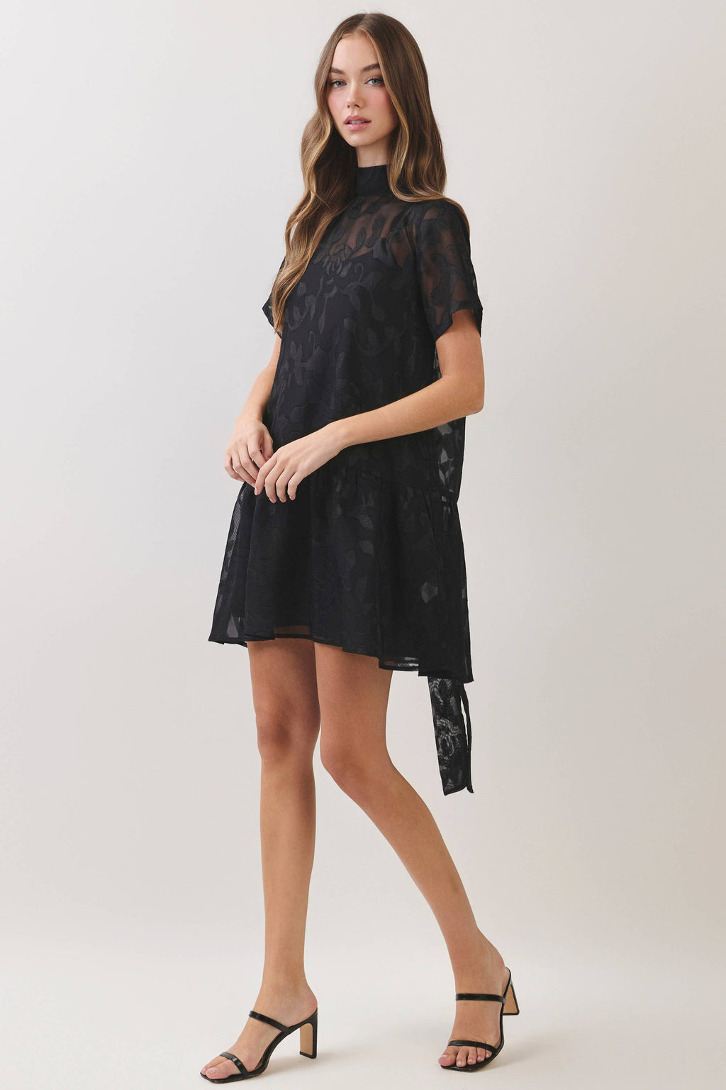 Floral Jacquard Tie-Neck Mini Dress