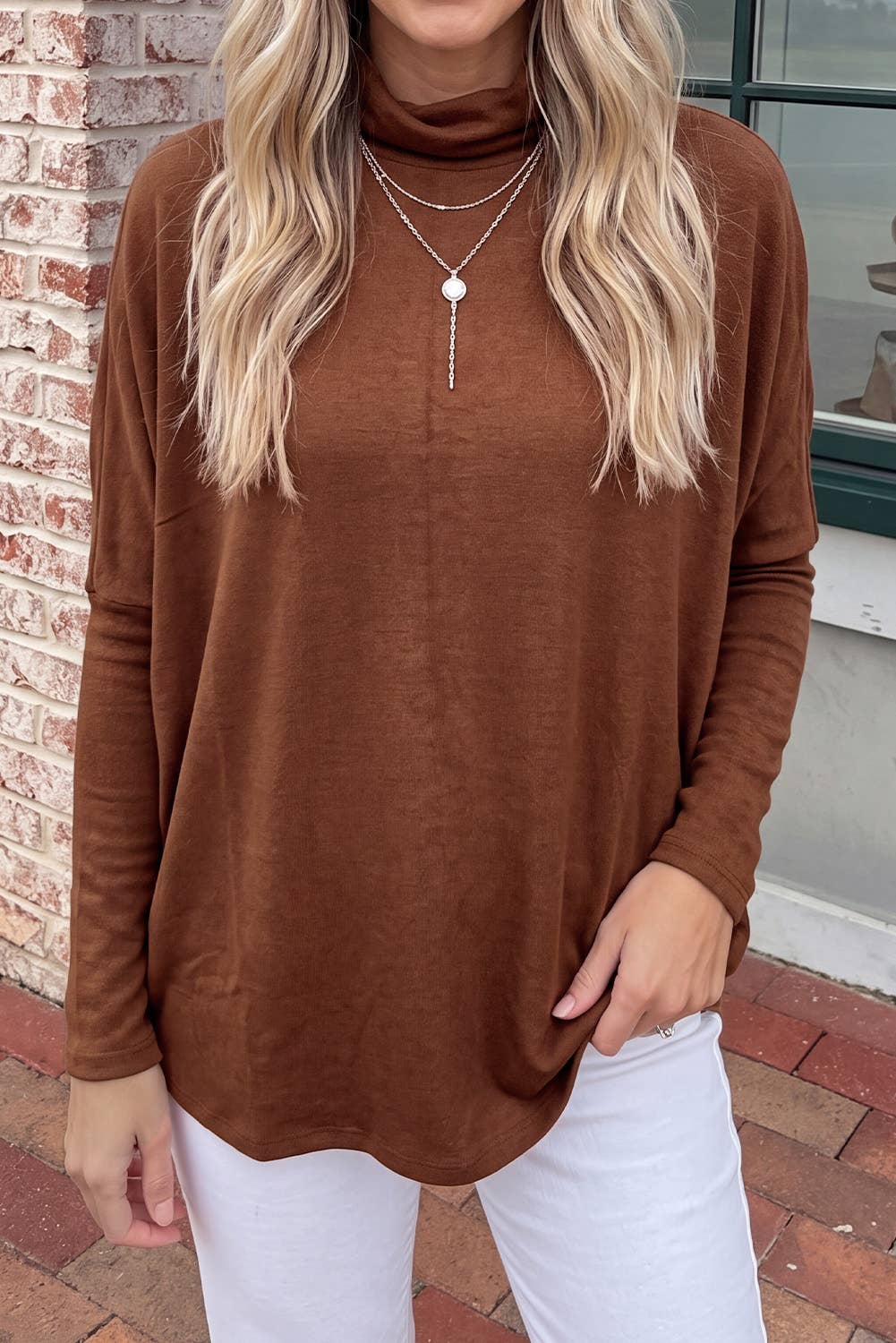 Casual Mock Neck Long Sleeve Shift Blouse brown