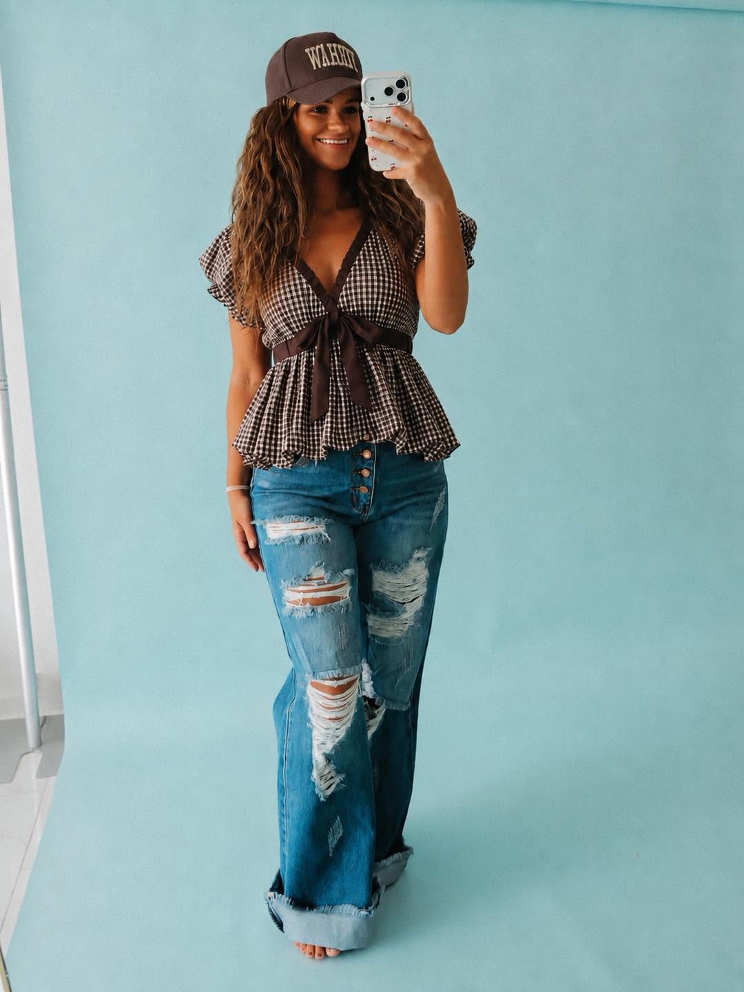 Sweet Tea Gingham Bubble-Hem Top 🤎