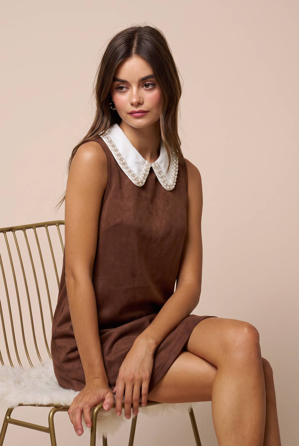 Rhinestone Contrast Collar Suede Mini Shift Dress
