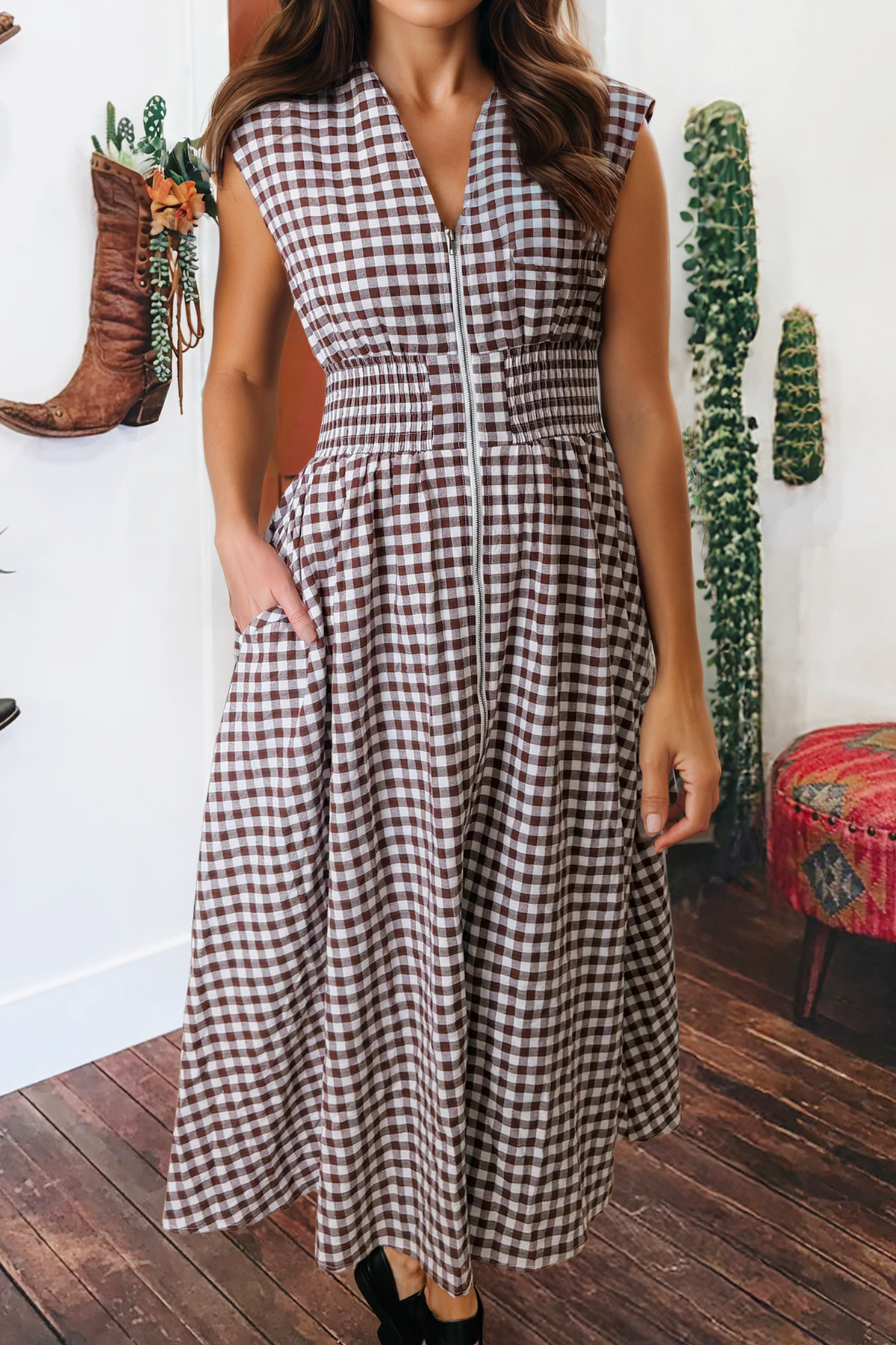 Gingham Plaid Zipper Cinched Waist Sleeveless Maxi Dress Brown