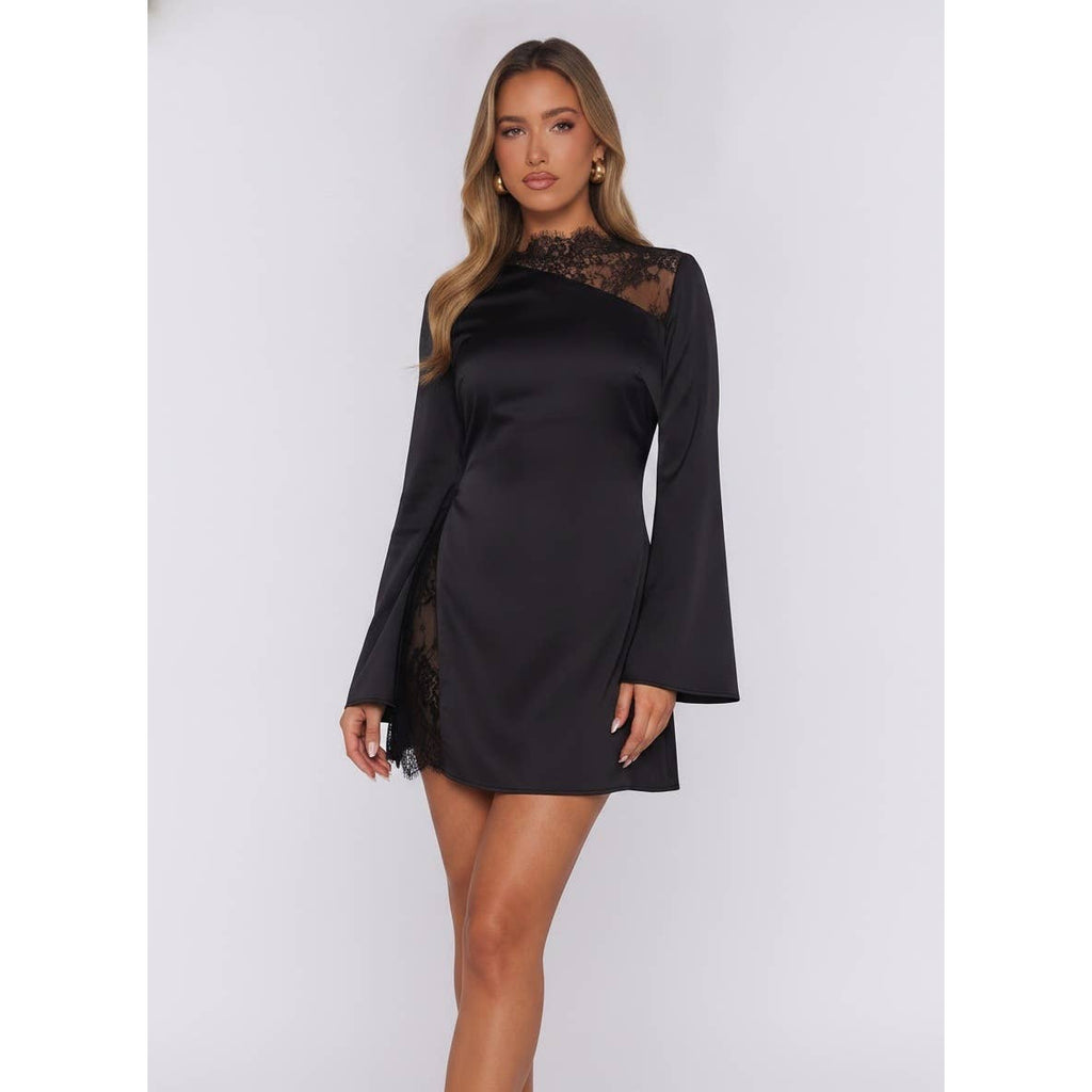 LONG SLEEVE LACE CUT OUT DETAIL SATIN MINI DRESS