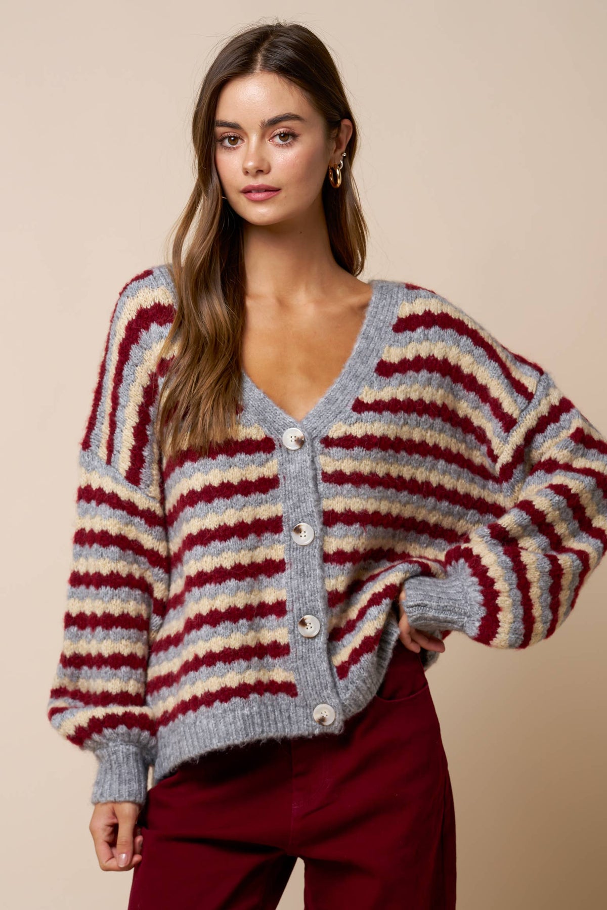 Relaxed Stripe V-Neck Button Cardigan