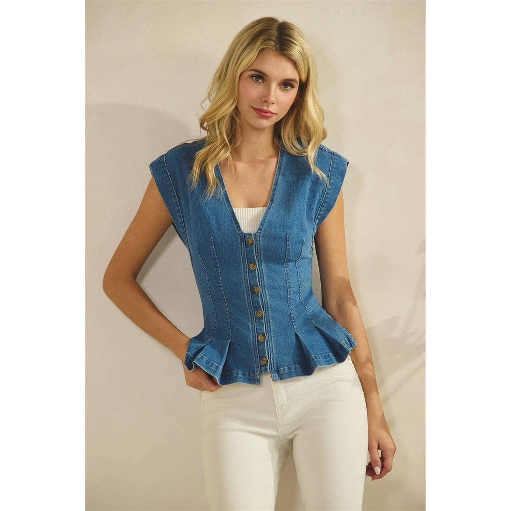 Button Down Peplum Denim Vest Top