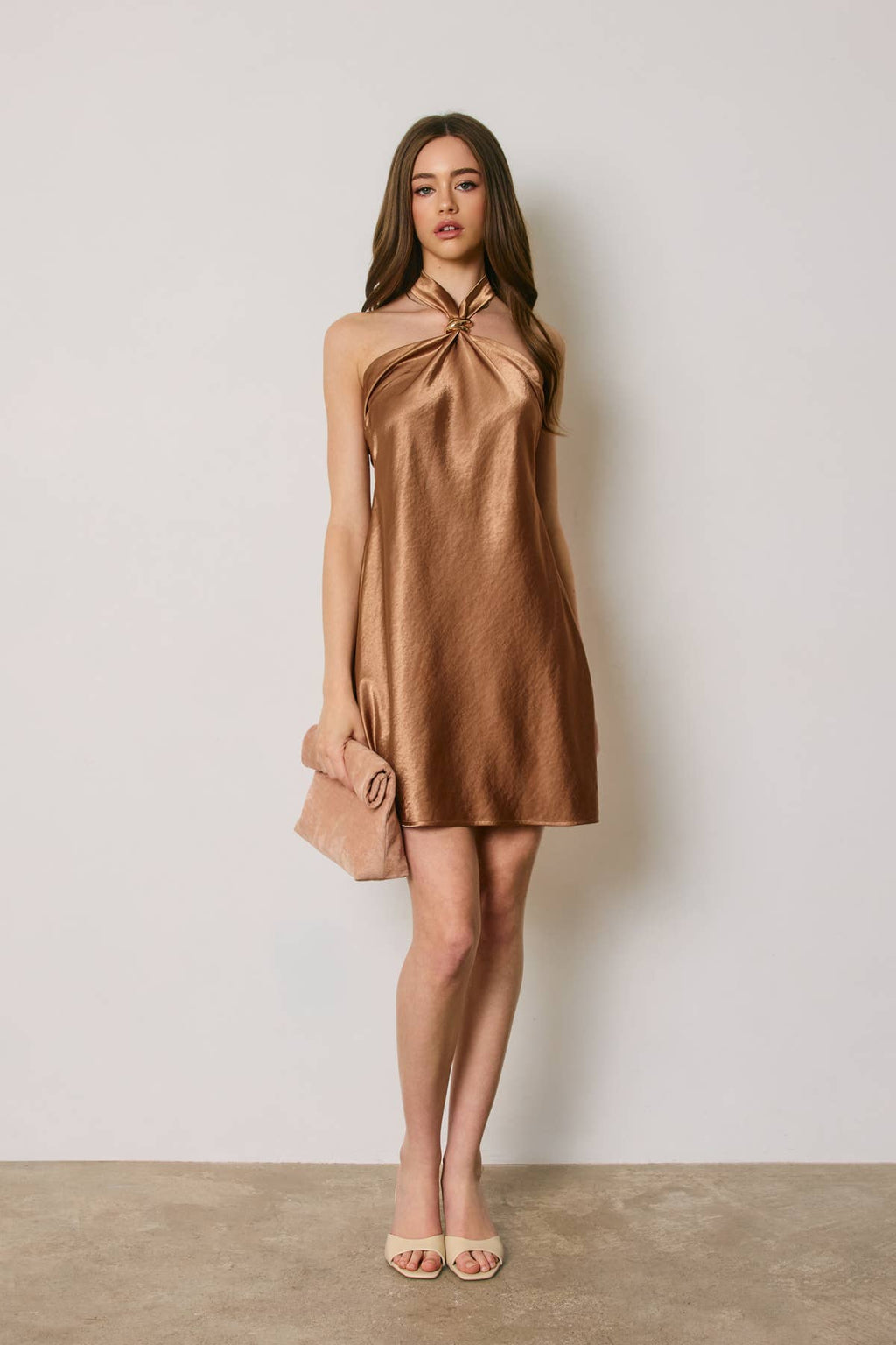 Satin Gold Trim Halter Mini Dress