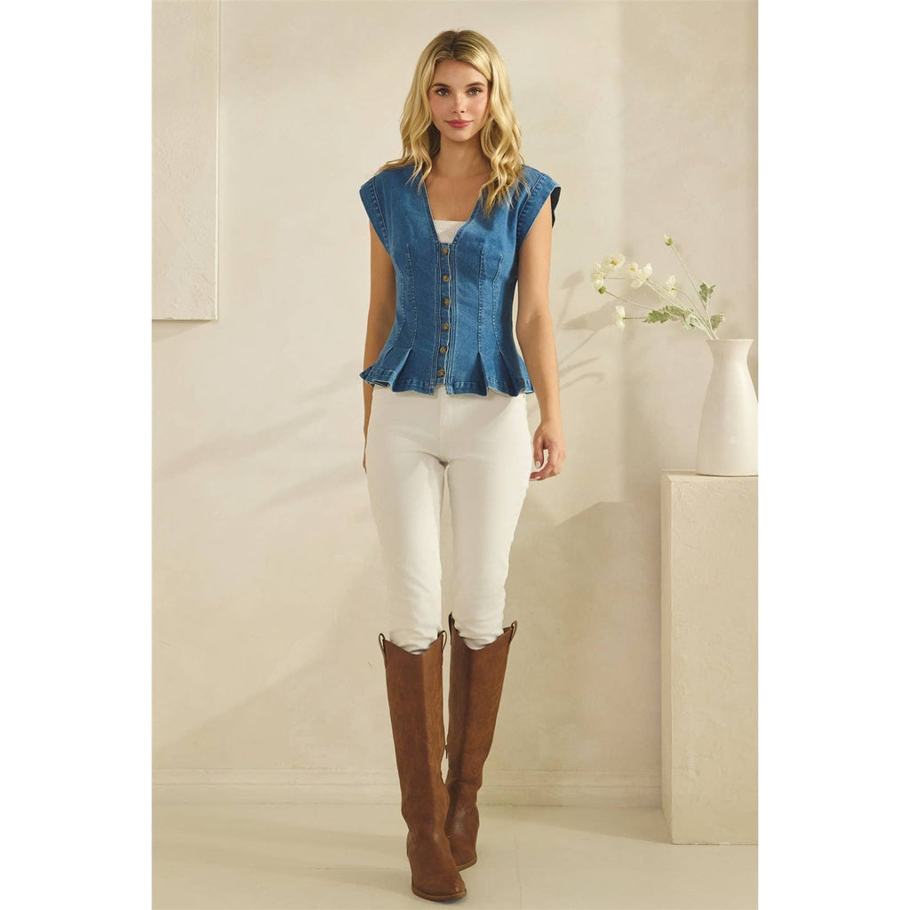 Button Down Peplum Denim Vest Top
