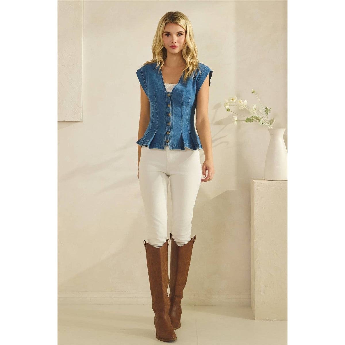 Button Down Peplum Denim Vest Top