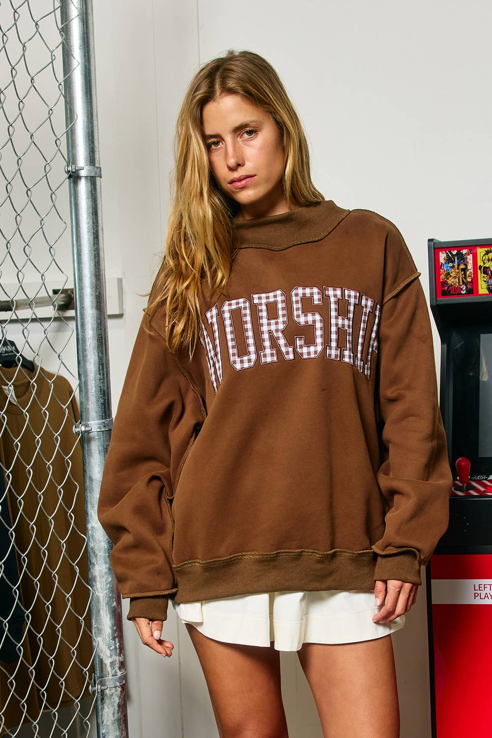 WORSHIP | Gingham "WORSHIP" Mock Neck Sweatshirt Brown