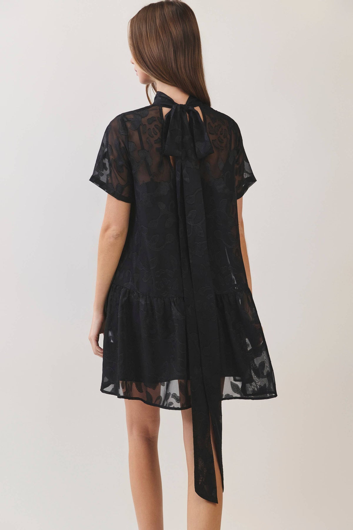Floral Jacquard Tie-Neck Mini Dress