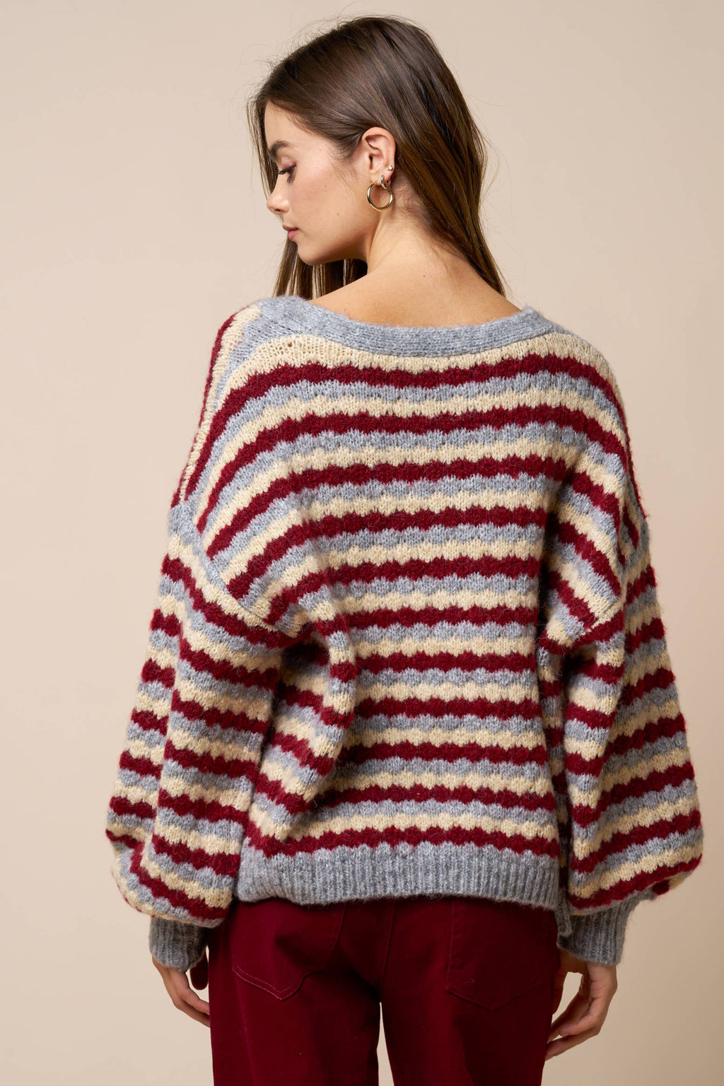 Relaxed Stripe V-Neck Button Cardigan